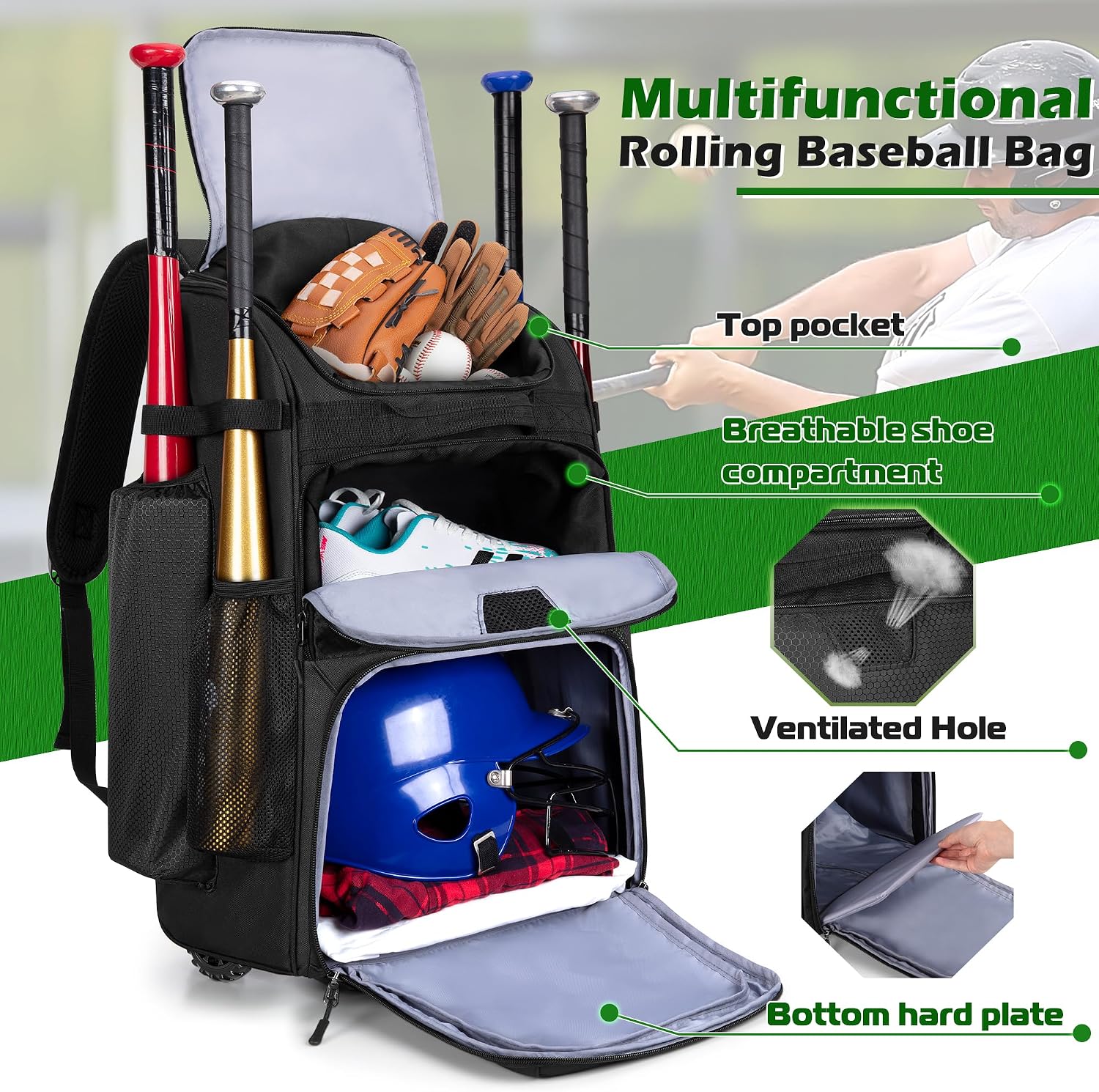 바퀴 달린 롤링 야구 배낭, 헤비 듀티 소프트볼 장비  - Sports Equipment Bag 리뷰 및 가격